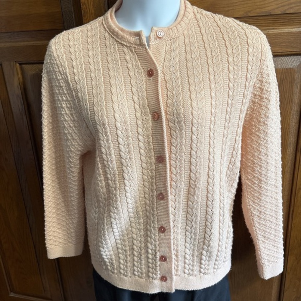 VTG Cuddle Knit Sz Large L Sweater Cardigan Peach Pink Button Up‎ Cable Knit